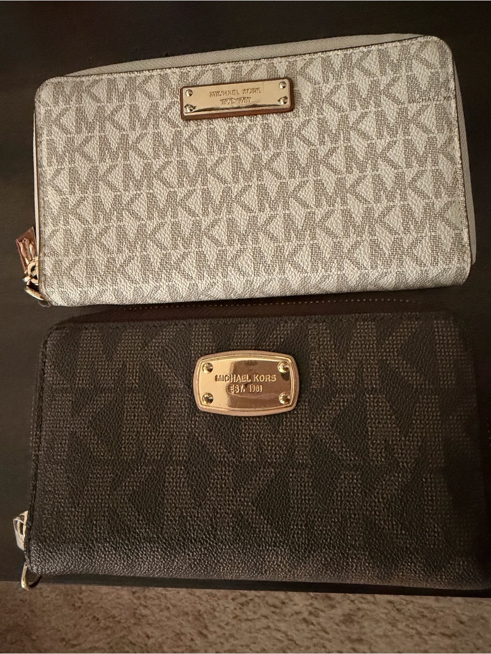 Michael Kors Silver and Dark Brown Signature Zip Wallets Bundle